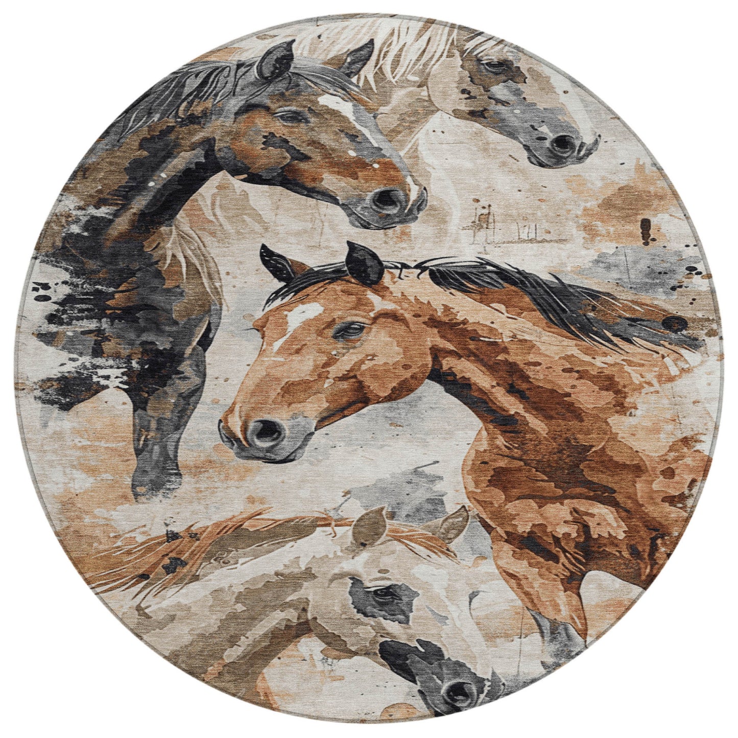 8' Beige Charcoal And Brown Round Horse Washable Indoor Outdoor Area Rug - Look Good Store