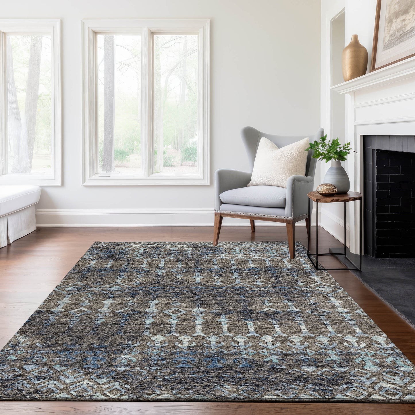 5' X 8' Burnished Brown And Blue Tribal Washable Area Rug With UV Protection - Look Good Store