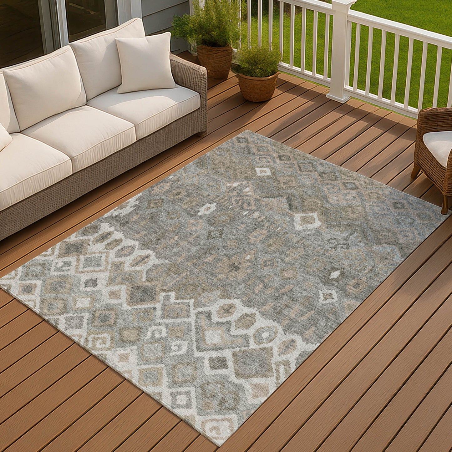 8' X 10' Pewter Ivory And Tan Geometric Washable Indoor Outdoor Area Rug - Look Good Store