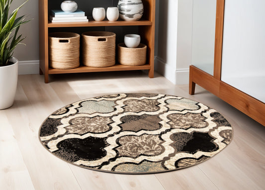 5' Ivory Brown And Black Quatrefoil Distressed Round Rug - Look Good Store