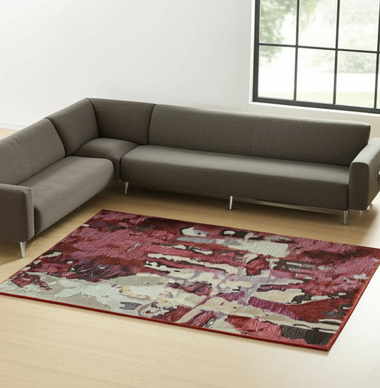 7' X 10' Red and Beige Abstract Power Loom Area Rug - Look Good Store