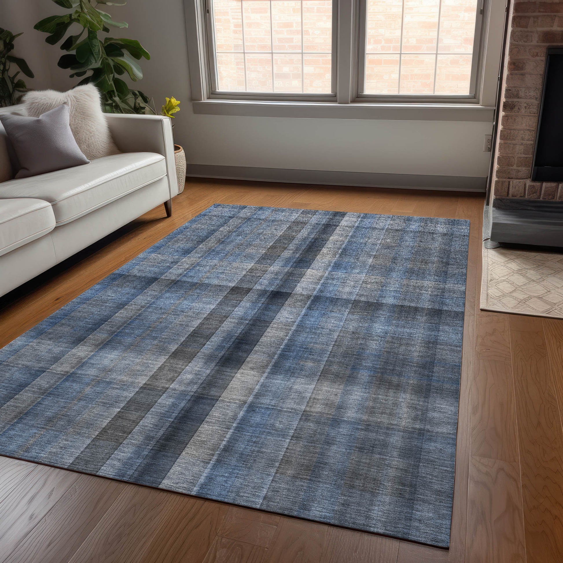 5' X 8' Blue Plaid Washable Non Skid Indoor Outdoor Area Rug - Look Good Store