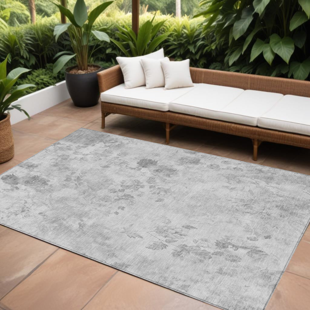 9' X 12' Gray Charcoal And Silver Floral Washable Indoor Outdoor Area Rug - Look Good Store