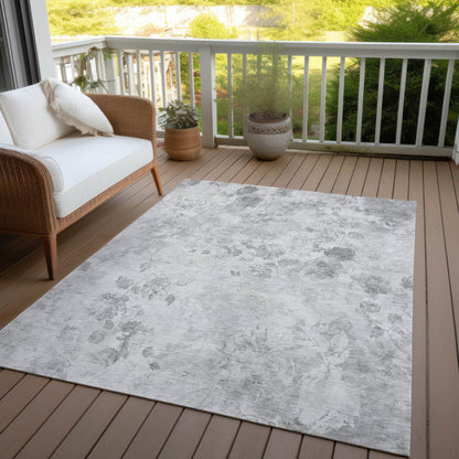9' X 12' Gray Charcoal And Silver Floral Washable Indoor Outdoor Area Rug - Look Good Store