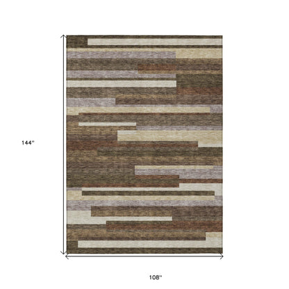 9' X 12' Brown Beige And Copper Striped Washable Indoor Outdoor Area Rug - Look Good Store