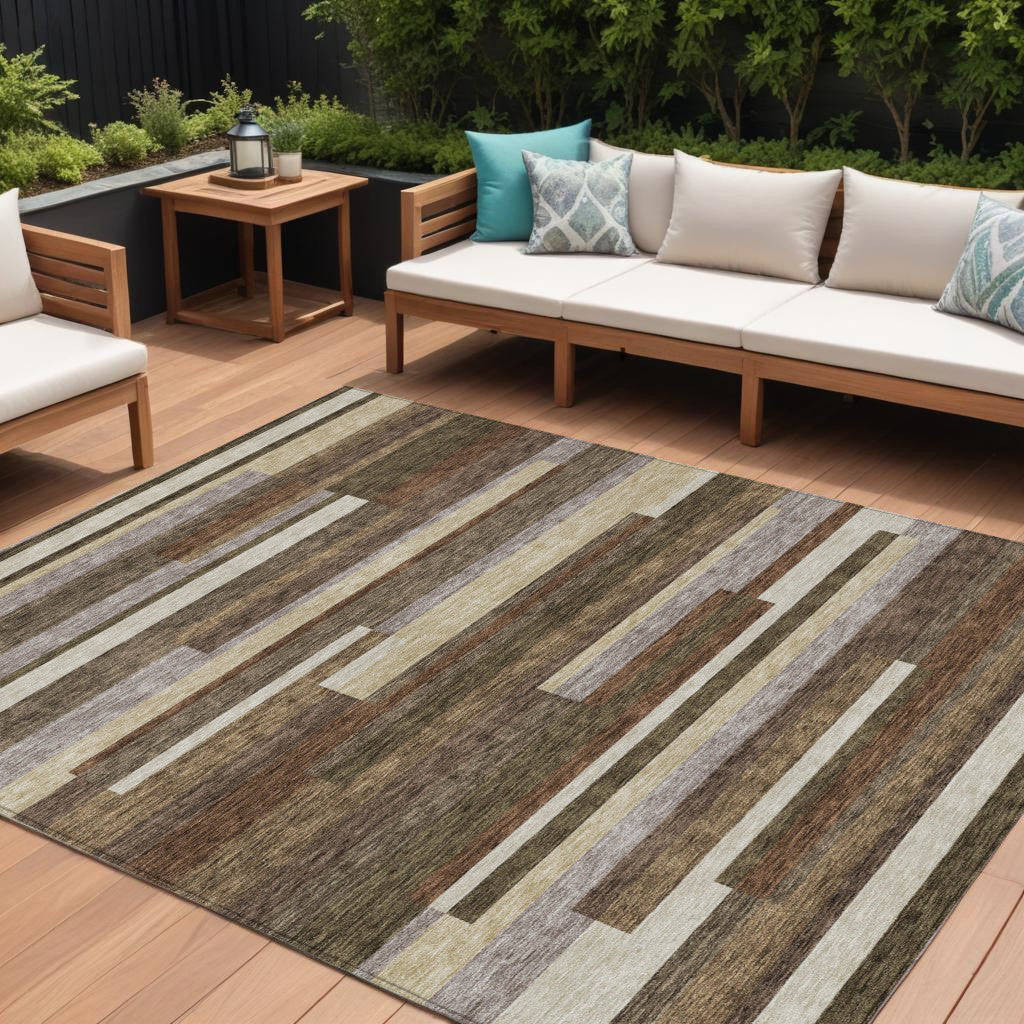 9' X 12' Brown Beige And Copper Striped Washable Indoor Outdoor Area Rug - Look Good Store