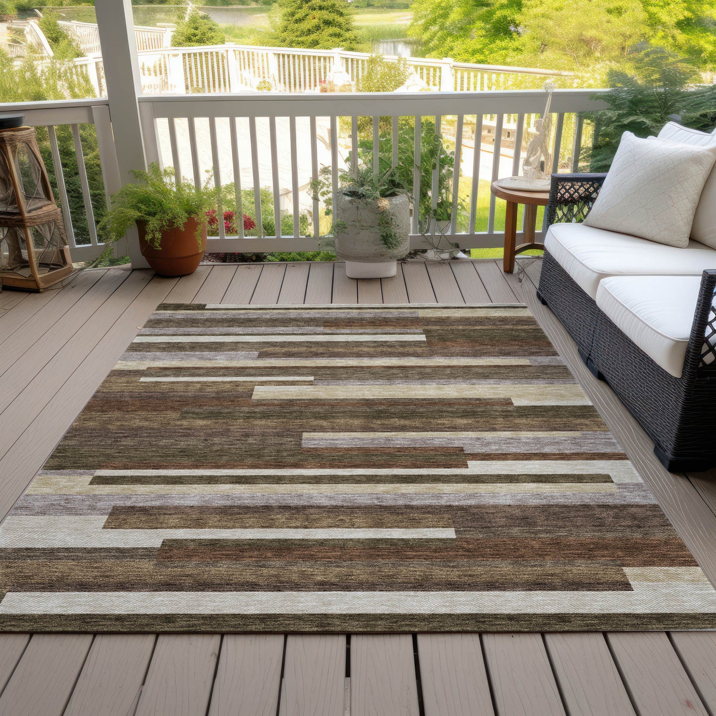 9' X 12' Brown Beige And Copper Striped Washable Indoor Outdoor Area Rug - Look Good Store