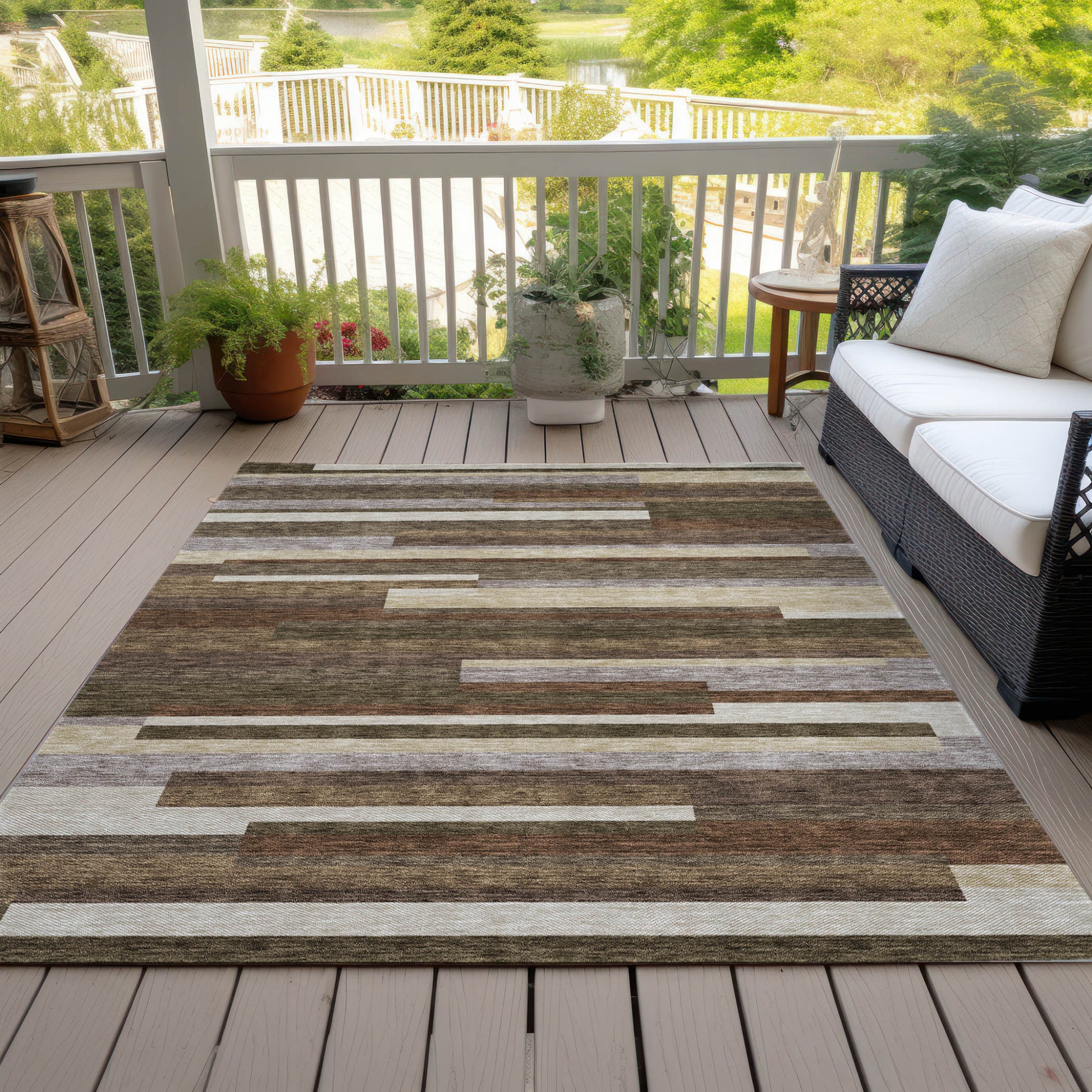 9' X 12' Brown Beige And Copper Striped Washable Indoor Outdoor Area Rug - Look Good Store