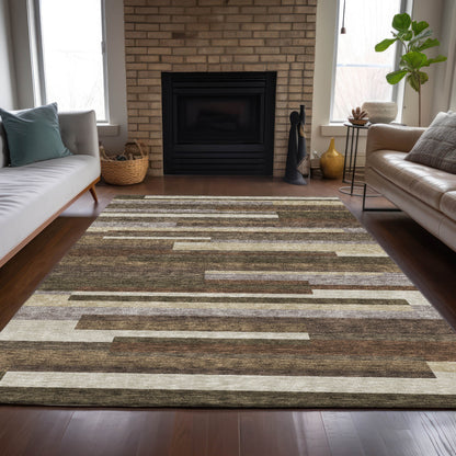 9' X 12' Brown Beige And Copper Striped Washable Indoor Outdoor Area Rug - Look Good Store