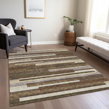 9' X 12' Brown Beige And Copper Striped Washable Indoor Outdoor Area Rug - Look Good Store