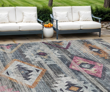 8' X 10' Gray Charcoal And Silver Southwestern Washable Indoor Outdoor Area Rug - Look Good Store