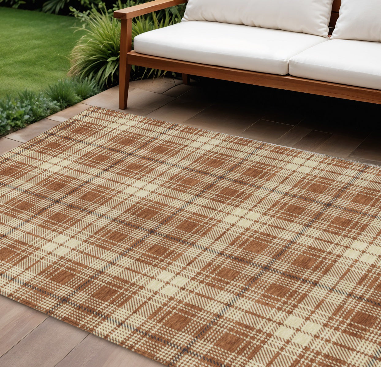 9' X 12' Brown Black And Beige Plaid Washable Indoor Outdoor Area Rug - Look Good Store