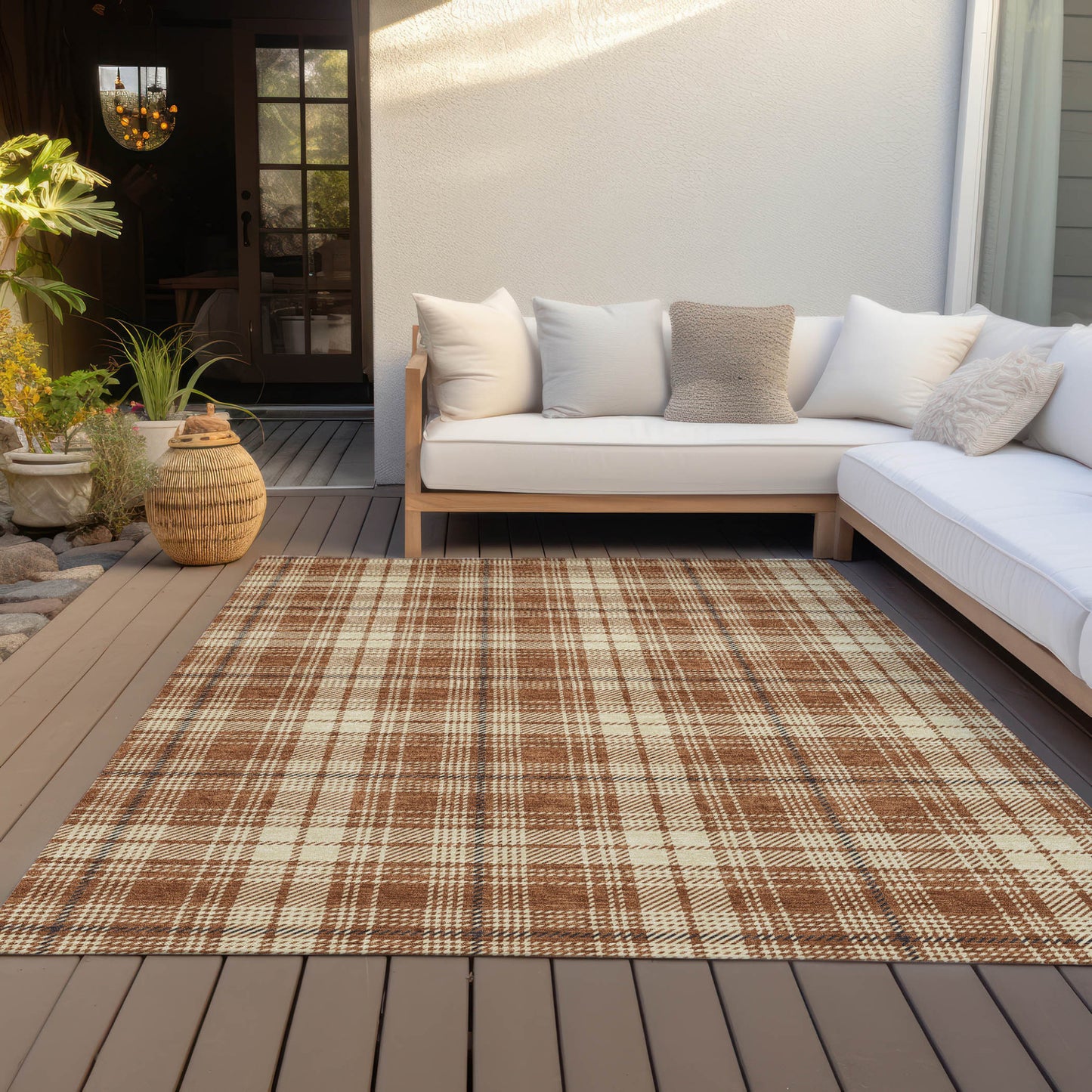 9' X 12' Brown Black And Beige Plaid Washable Indoor Outdoor Area Rug - Look Good Store