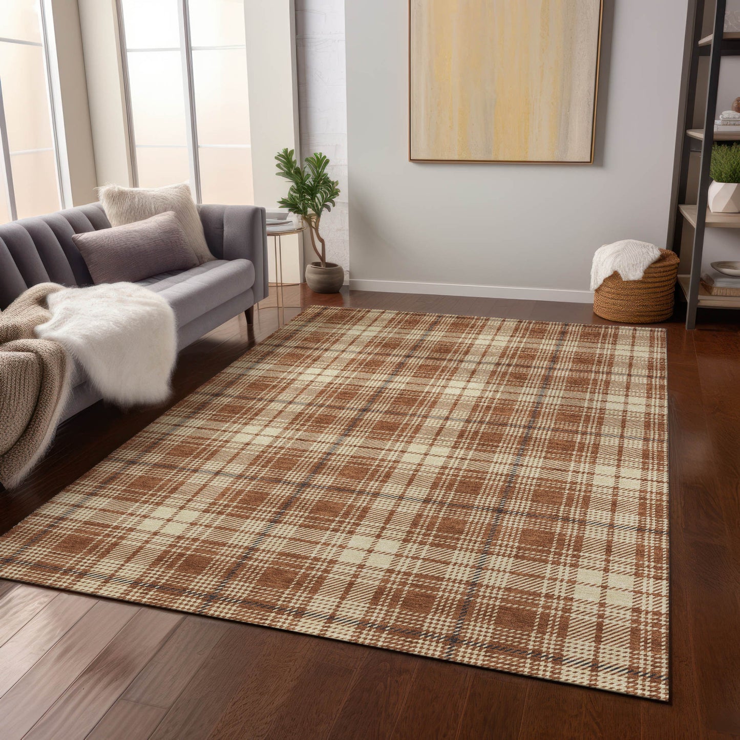 9' X 12' Brown Black And Beige Plaid Washable Indoor Outdoor Area Rug - Look Good Store