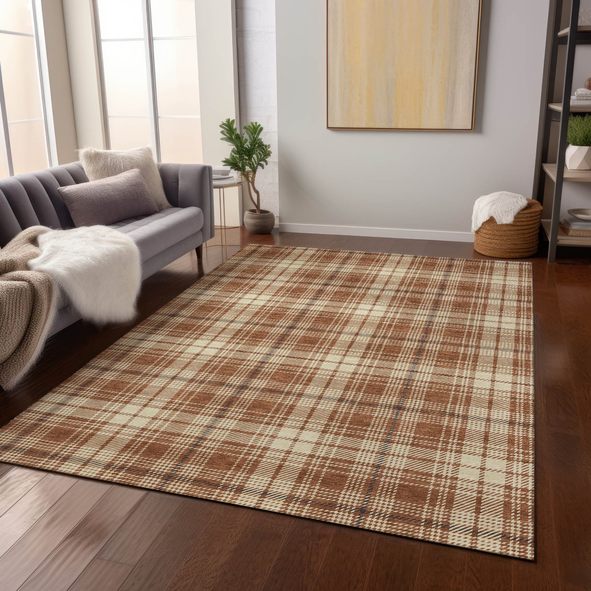 9' X 12' Brown Black And Beige Plaid Washable Indoor Outdoor Area Rug - Look Good Store