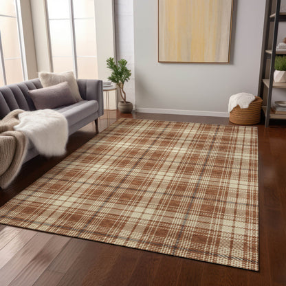 9' X 12' Brown Black And Beige Plaid Washable Indoor Outdoor Area Rug - Look Good Store