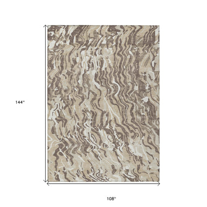 9' X 12' Beige Brown And Ivory Abstract Washable Indoor Outdoor Area Rug - Look Good Store