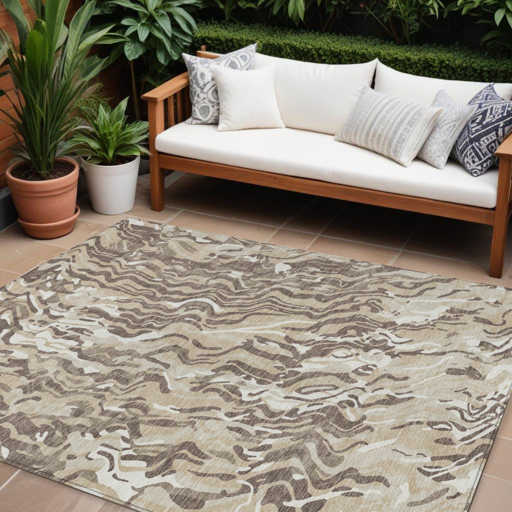 9' X 12' Beige Brown And Ivory Abstract Washable Indoor Outdoor Area Rug - Look Good Store
