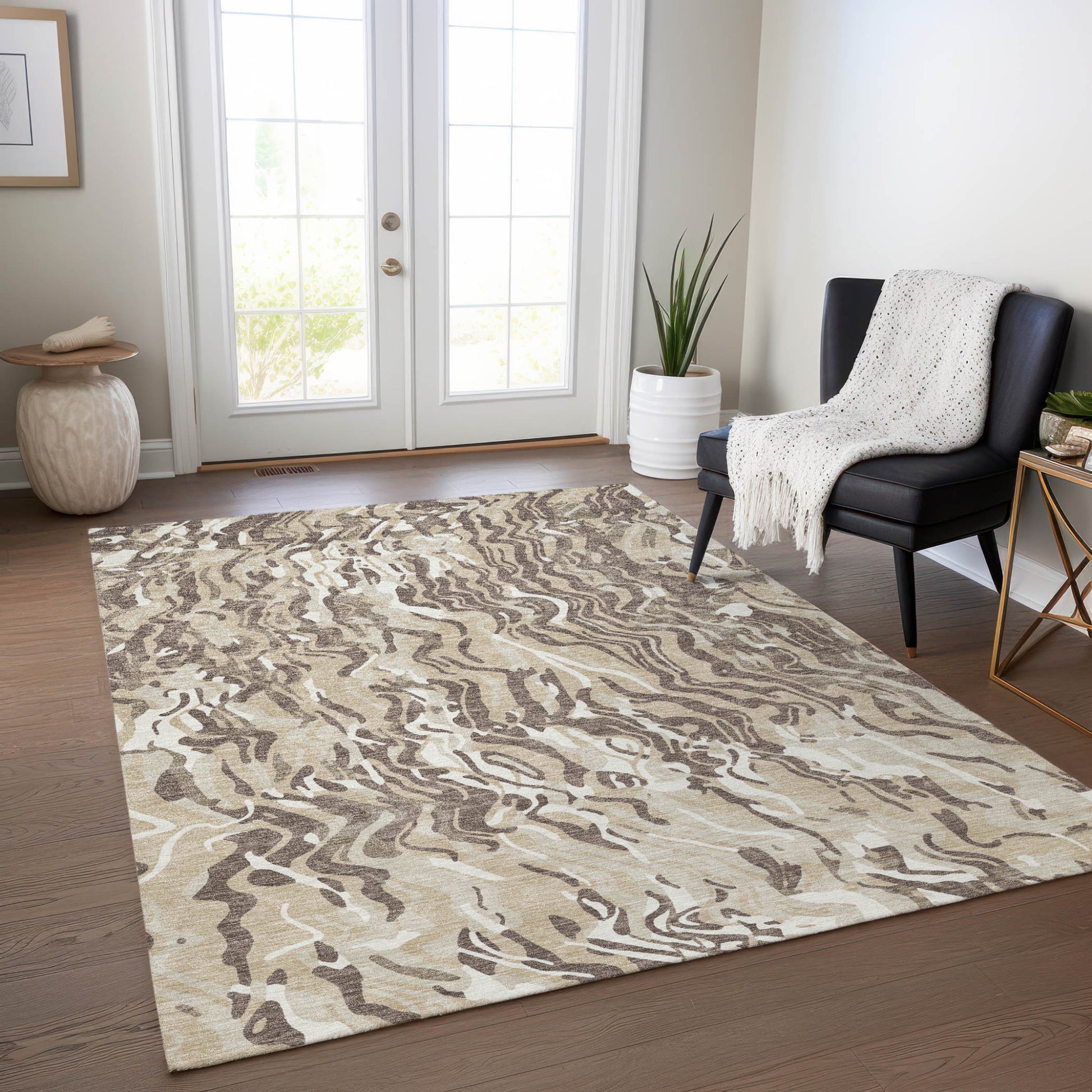 9' X 12' Beige Brown And Ivory Abstract Washable Indoor Outdoor Area Rug - Look Good Store