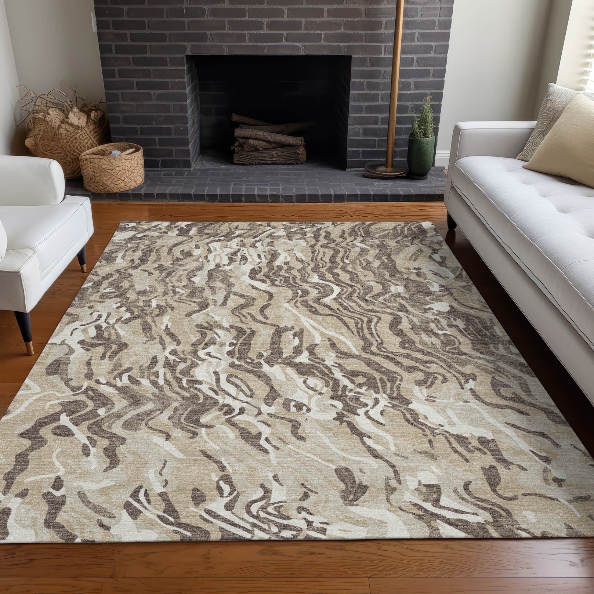 9' X 12' Beige Brown And Ivory Abstract Washable Indoor Outdoor Area Rug - Look Good Store