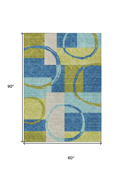 5' X 8' Denim Blue And Lime Green Geometric Washable Indoor Outdoor Area Rug - Look Good Store