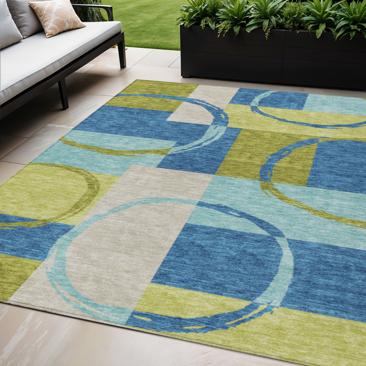 5' X 8' Denim Blue And Lime Green Geometric Washable Indoor Outdoor Area Rug - Look Good Store