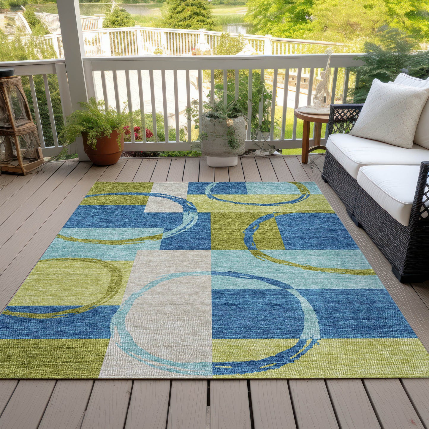 5' X 8' Denim Blue And Lime Green Geometric Washable Indoor Outdoor Area Rug - Look Good Store