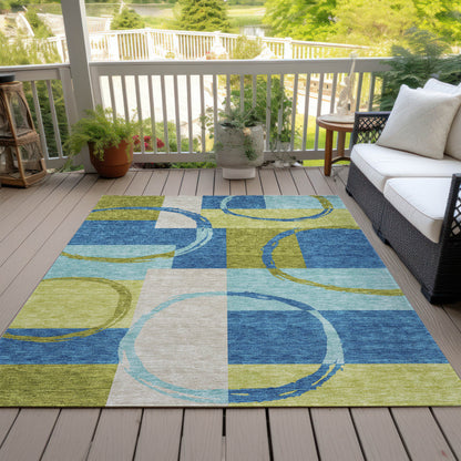 5' X 8' Denim Blue And Lime Green Geometric Washable Indoor Outdoor Area Rug - Look Good Store