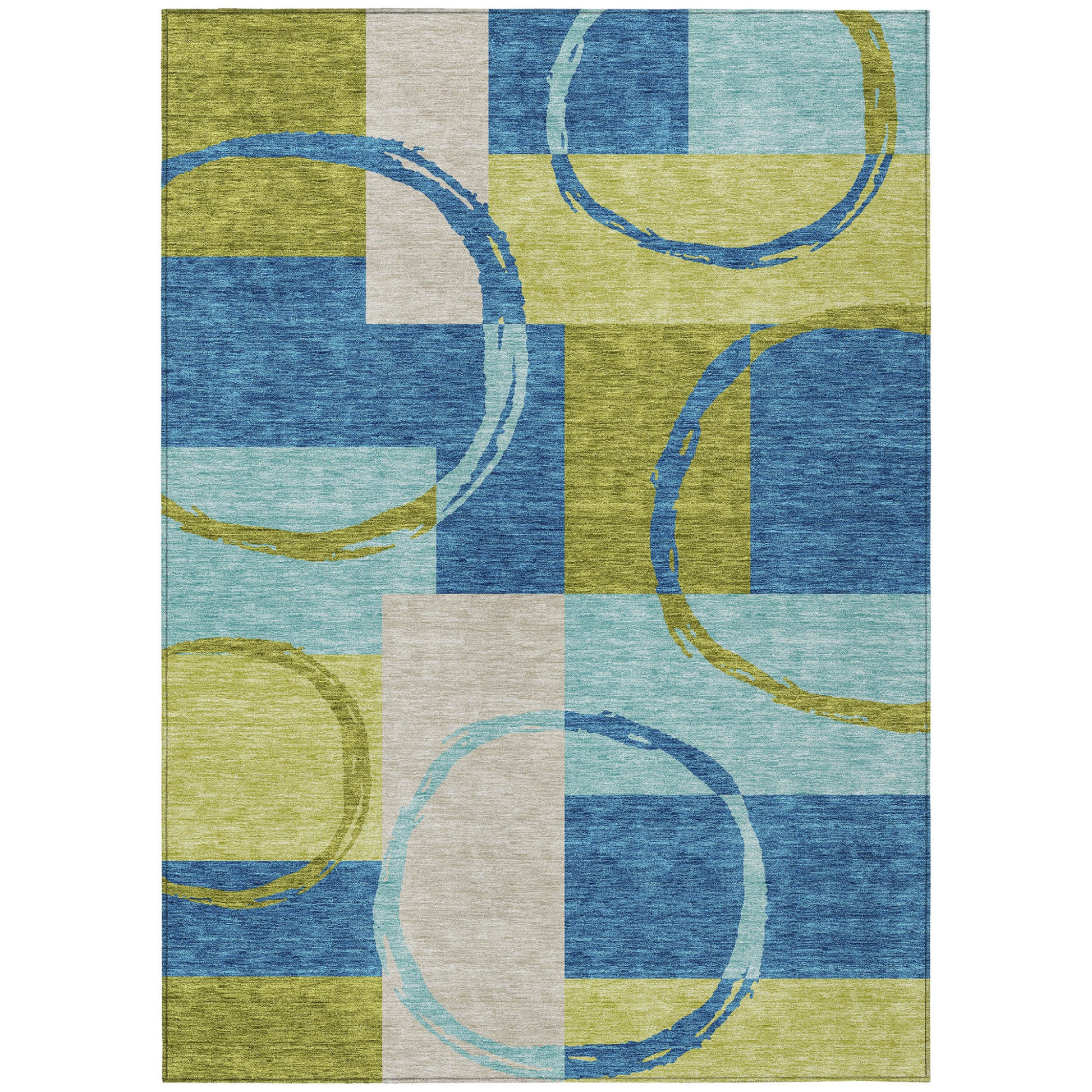 5' X 8' Denim Blue And Lime Green Geometric Washable Indoor Outdoor Area Rug - Look Good Store
