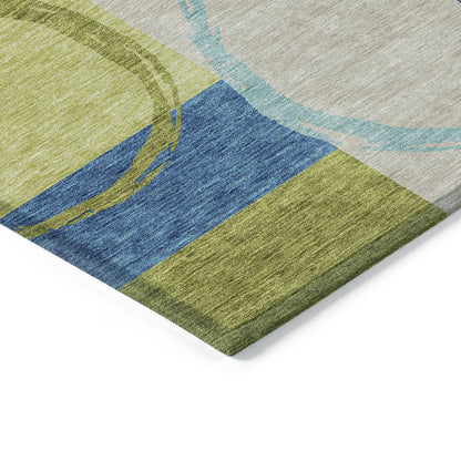 5' X 8' Denim Blue And Lime Green Geometric Washable Indoor Outdoor Area Rug - Look Good Store