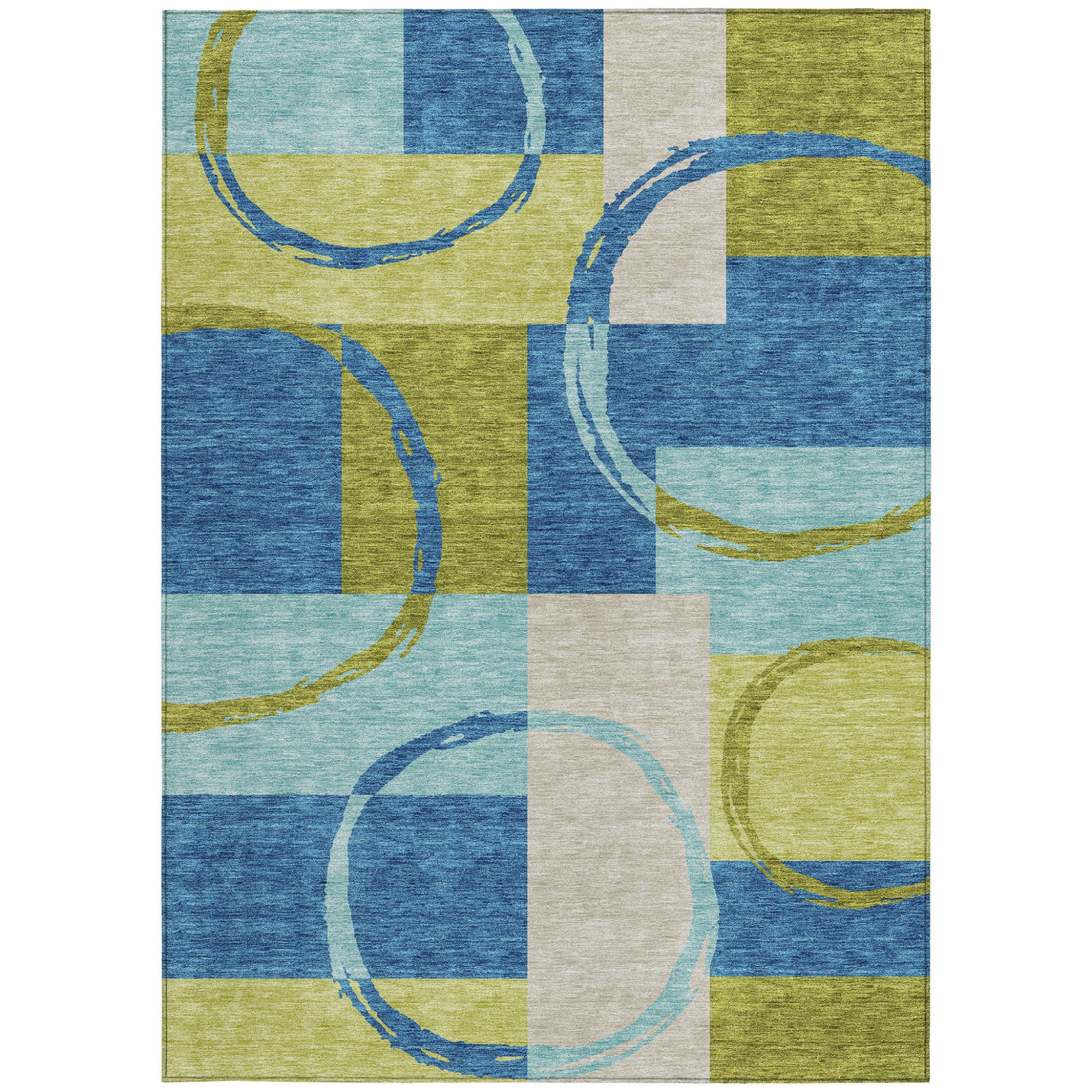 5' X 8' Denim Blue And Lime Green Geometric Washable Indoor Outdoor Area Rug - Look Good Store