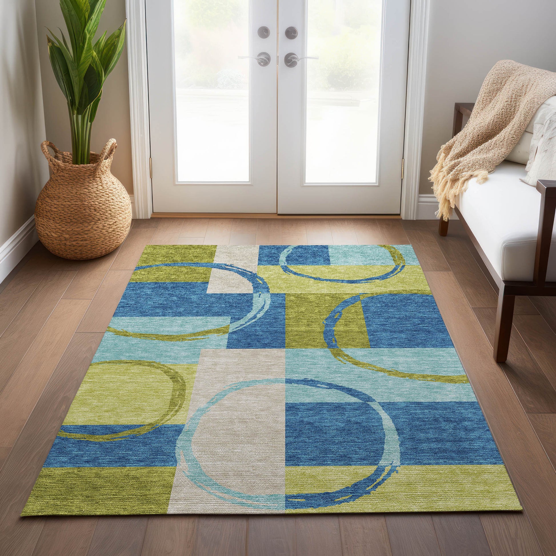 5' X 8' Denim Blue And Lime Green Geometric Washable Indoor Outdoor Area Rug - Look Good Store