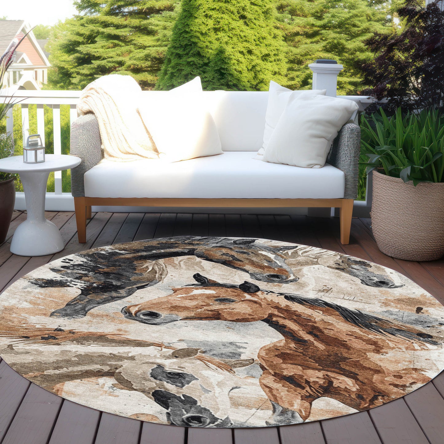 8' Beige Charcoal And Brown Round Horse Washable Indoor Outdoor Area Rug - Look Good Store