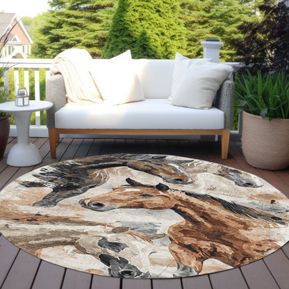 8' Beige Charcoal And Brown Round Horse Washable Indoor Outdoor Area Rug - Look Good Store