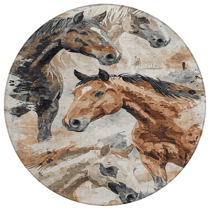 8' Beige Charcoal And Brown Round Horse Washable Indoor Outdoor Area Rug - Look Good Store
