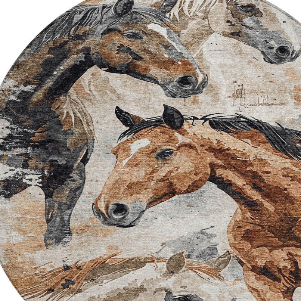 8' Beige Charcoal And Brown Round Horse Washable Indoor Outdoor Area Rug - Look Good Store