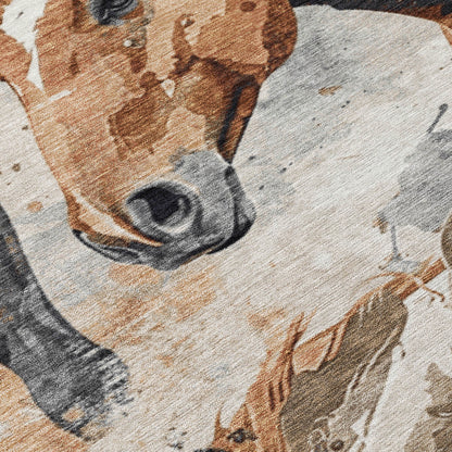 8' Beige Charcoal And Brown Round Horse Washable Indoor Outdoor Area Rug - Look Good Store