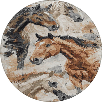 8' Beige Charcoal And Brown Round Horse Washable Indoor Outdoor Area Rug - Look Good Store
