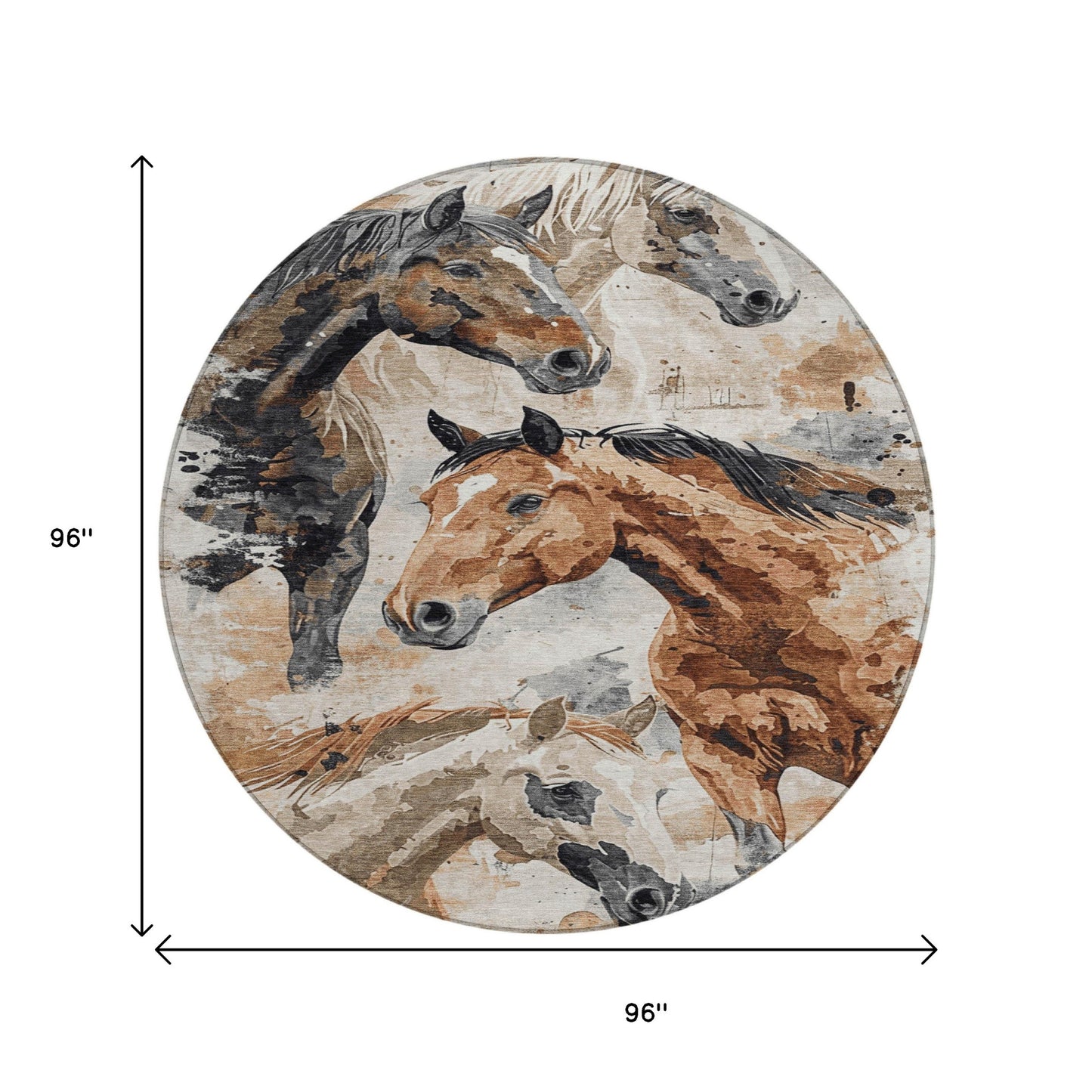8' Beige Charcoal And Brown Round Horse Washable Indoor Outdoor Area Rug - Look Good Store