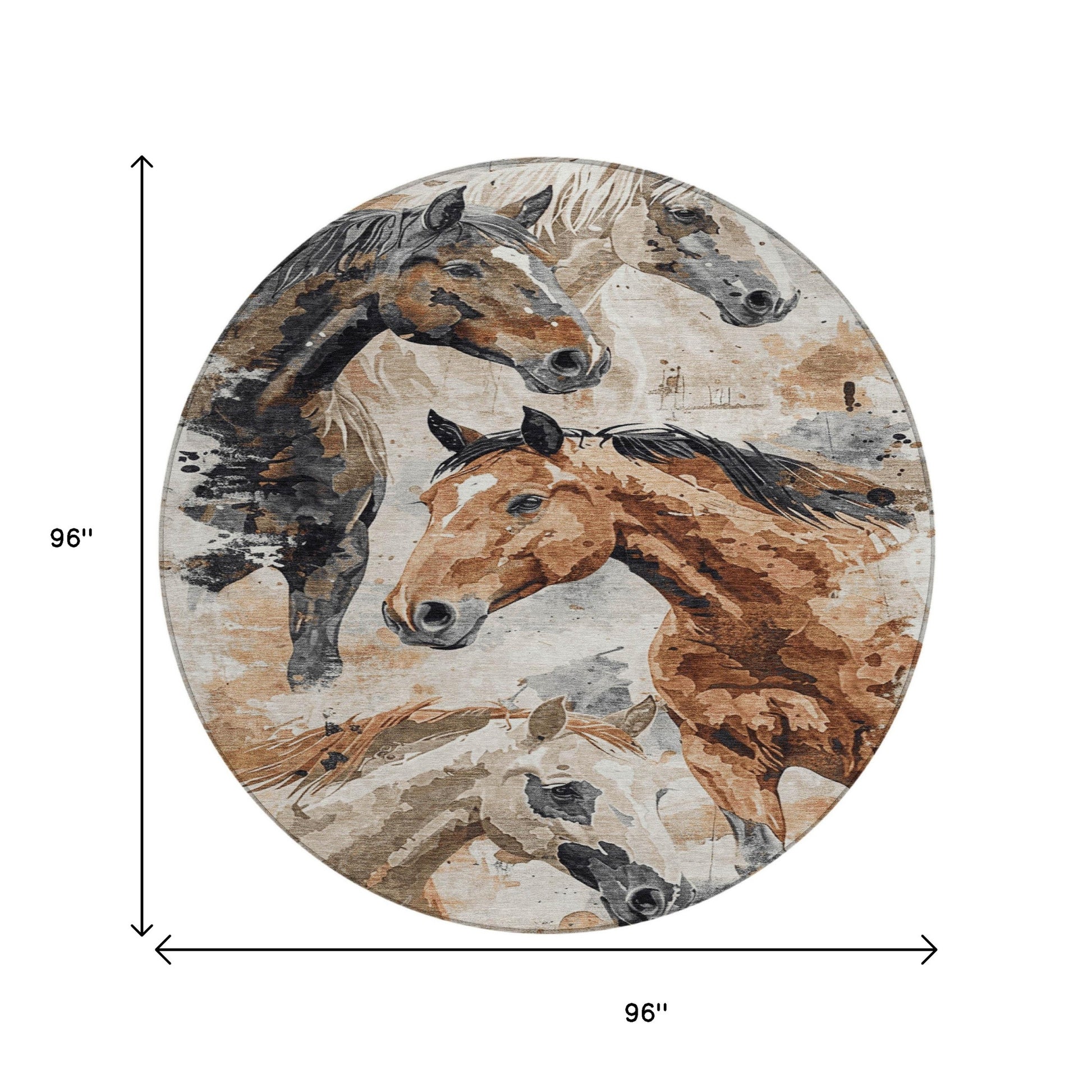 8' Beige Charcoal And Brown Round Horse Washable Indoor Outdoor Area Rug - Look Good Store