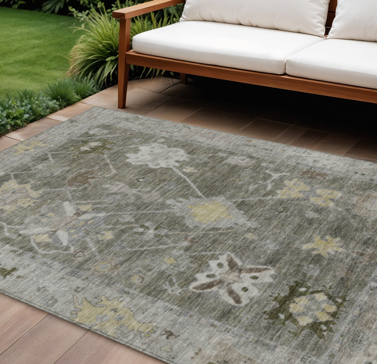 10' X 14' Pewter And Gold Tribal Washable Indoor Outdoor Area Rug - Look Good Store