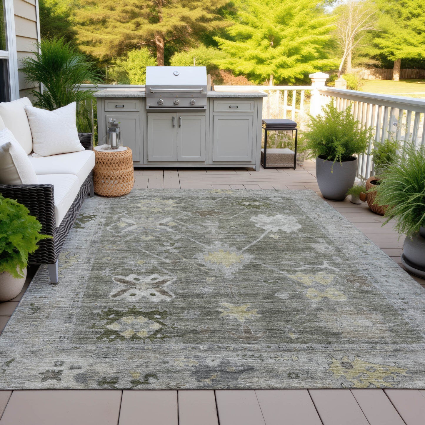 10' X 14' Pewter And Gold Tribal Washable Indoor Outdoor Area Rug - Look Good Store