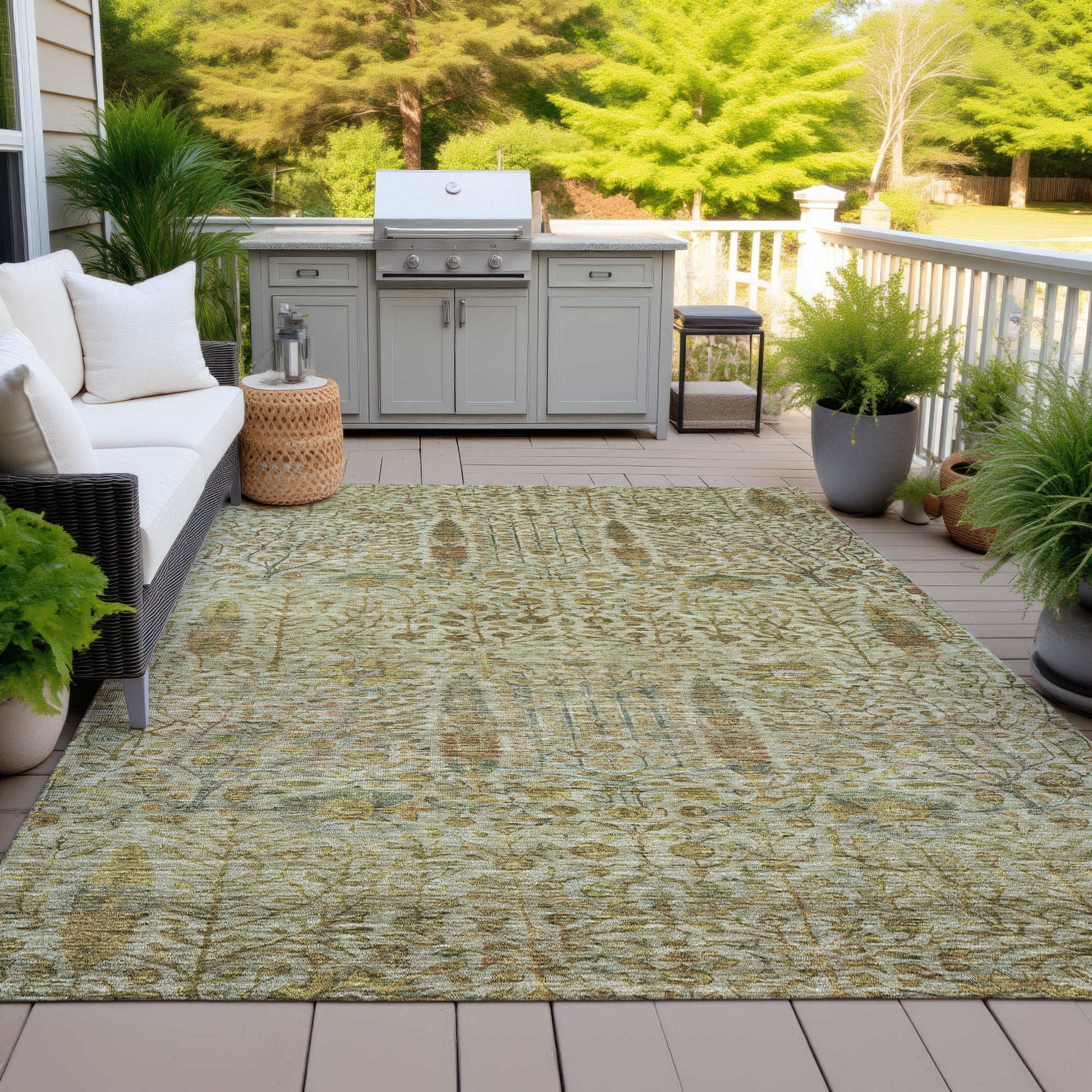 3' X 5' Wheat And Fern Green Floral Washable Indoor Outdoor Area Rug - Look Good Store