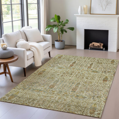 3' X 5' Wheat And Fern Green Floral Washable Indoor Outdoor Area Rug - Look Good Store