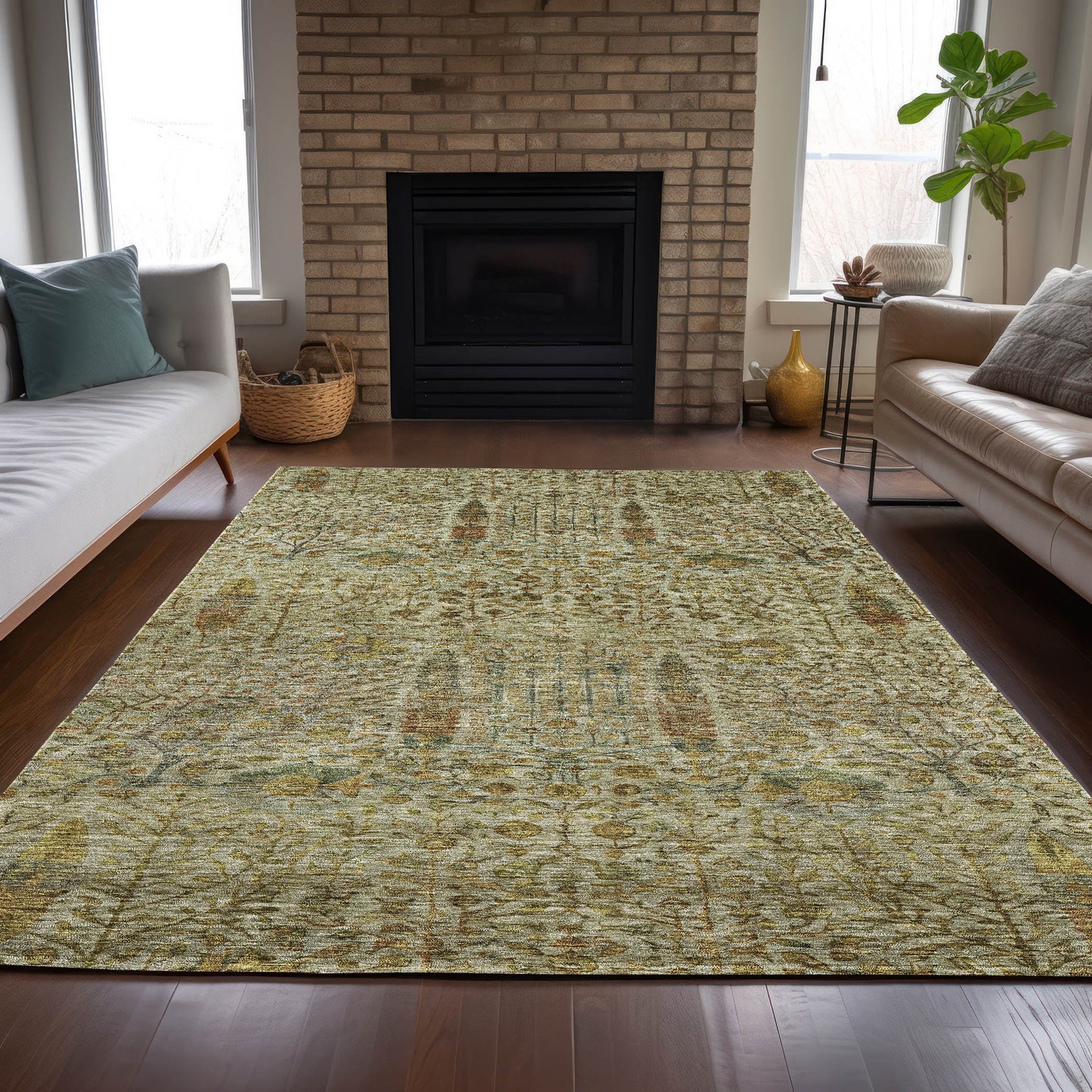 3' X 5' Wheat And Fern Green Floral Washable Indoor Outdoor Area Rug - Look Good Store
