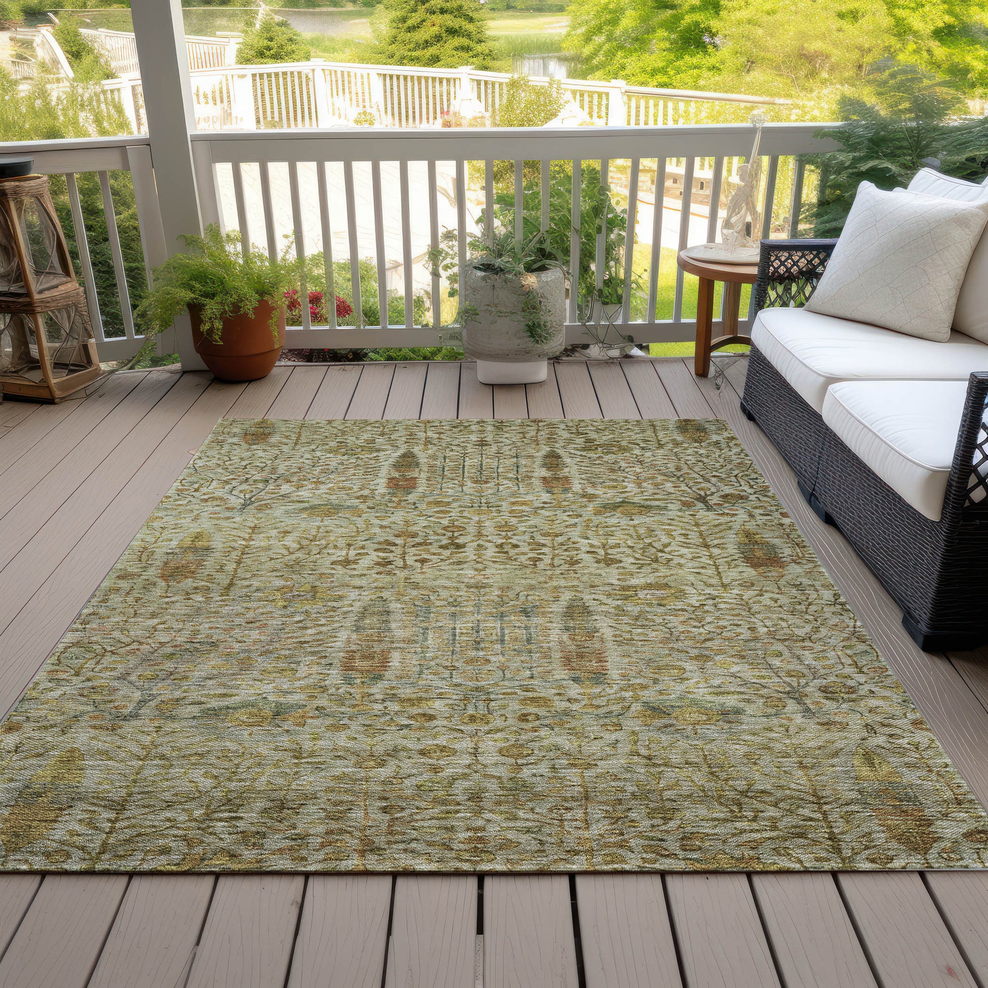 3' X 5' Wheat And Fern Green Floral Washable Indoor Outdoor Area Rug - Look Good Store
