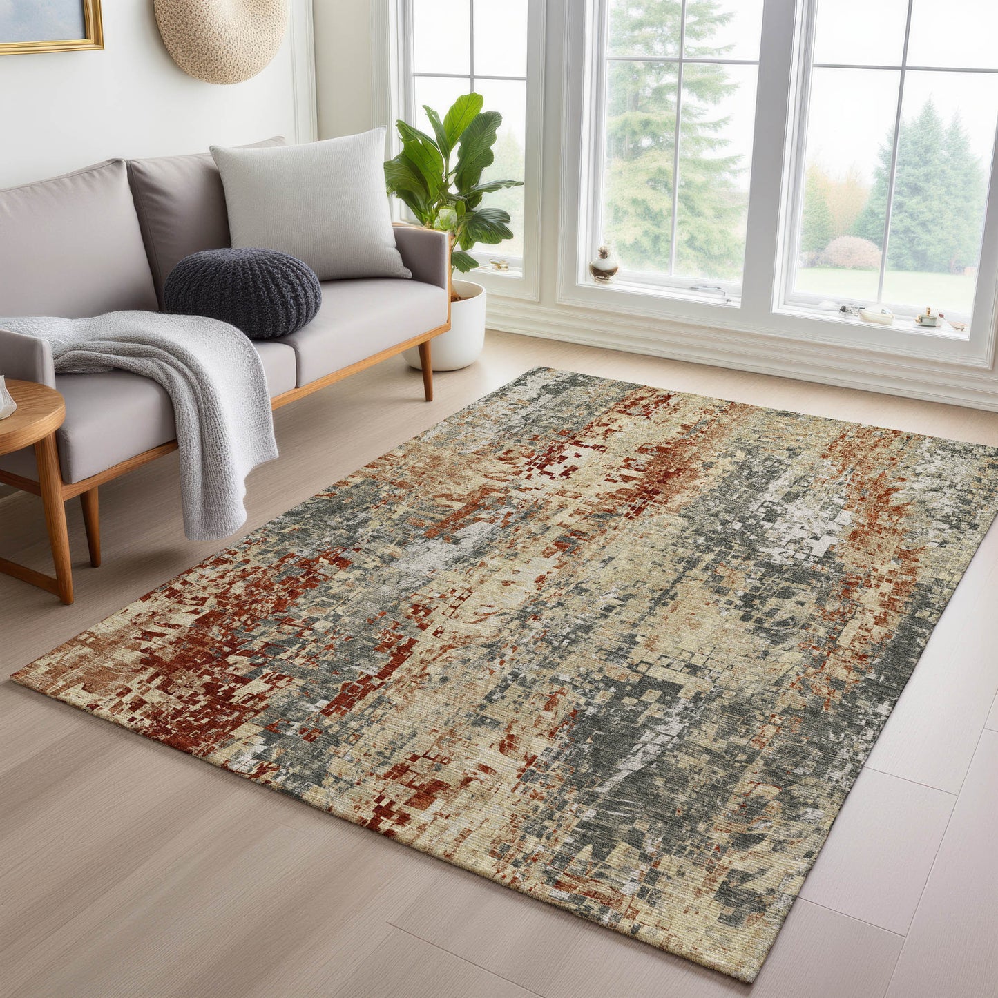 9' X 12' Pewter Rust And Gray Abstract Washable Indoor Outdoor Area Rug - Look Good Store