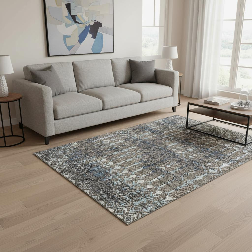 5' X 8' Burnished Brown And Blue Tribal Washable Area Rug With UV Protection - Look Good Store