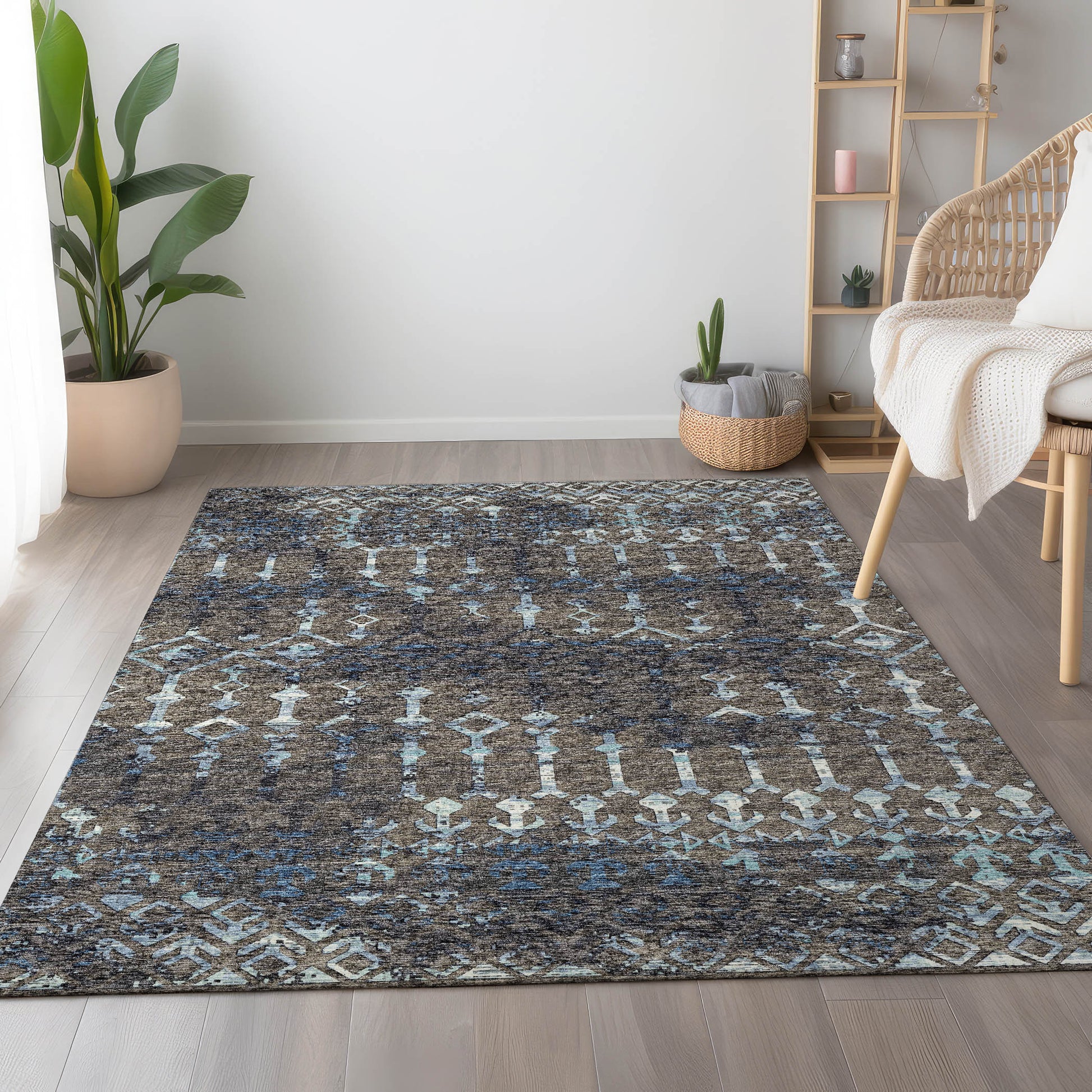 5' X 8' Burnished Brown And Blue Tribal Washable Area Rug With UV Protection - Look Good Store