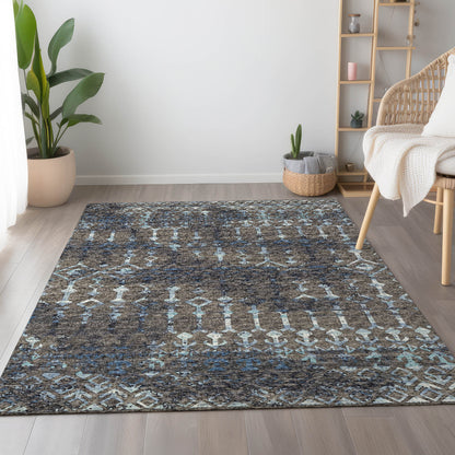 5' X 8' Burnished Brown And Blue Tribal Washable Area Rug With UV Protection - Look Good Store
